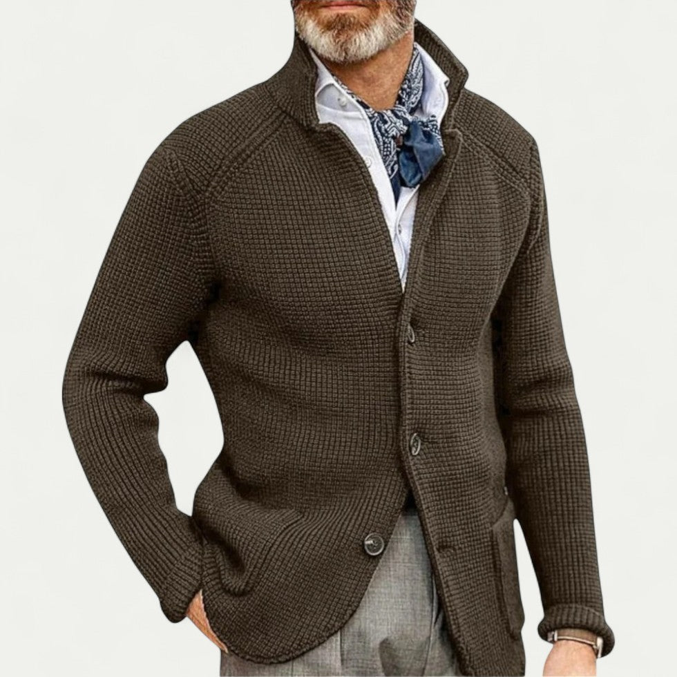 Men's - Textured Knit Cardigan - Stand Collar
