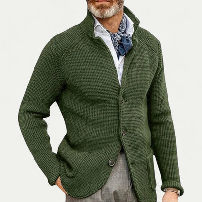 Men's - Textured Knit Cardigan - Stand Collar