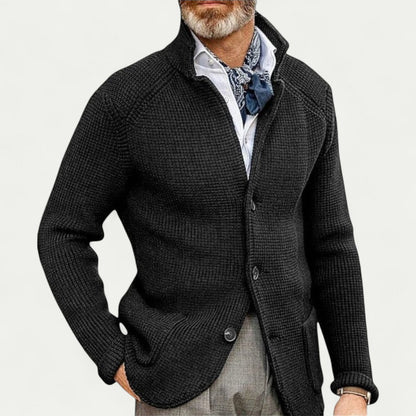 Men's - Textured Knit Cardigan - Stand Collar