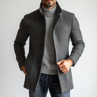 Men's - Mid-Length Coat - Herringbone Wool, Single-Breasted - Wool Coat