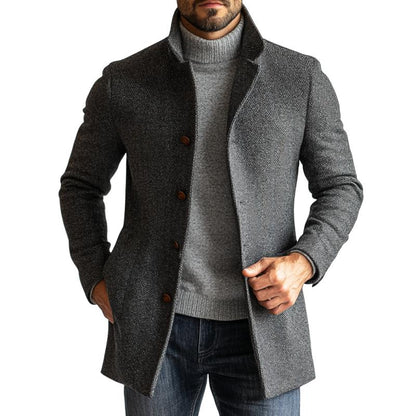 Men's - Mid-Length Coat - Herringbone Wool, Single-Breasted - Wool Coat