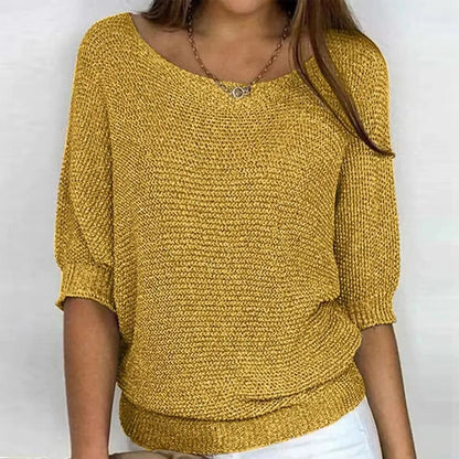 Women's -  Round Neck Knitted Jumper - Three-Fourths Sleeve