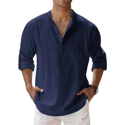 Men’s - Long Sleeve Linen Shirt – Chino Collar