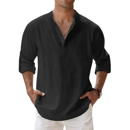 Men’s - Long Sleeve Linen Shirt – Chino Collar