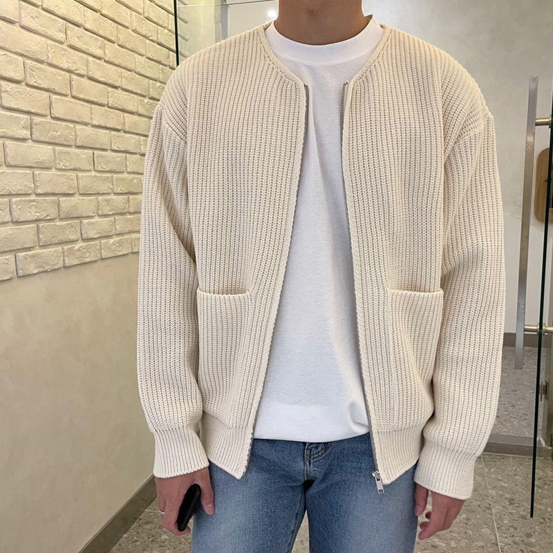 Men's - Minimalist Zip-Up Cardigan - Ribbed Knit Style