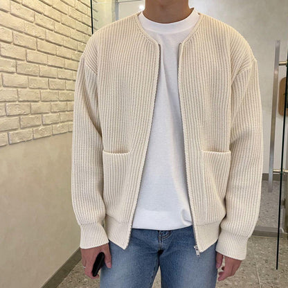 Men's - Minimalist Zip-Up Cardigan - Ribbed Knit Style