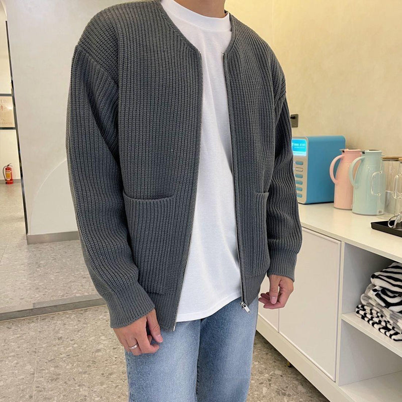 Men's - Minimalist Zip-Up Cardigan - Ribbed Knit Style