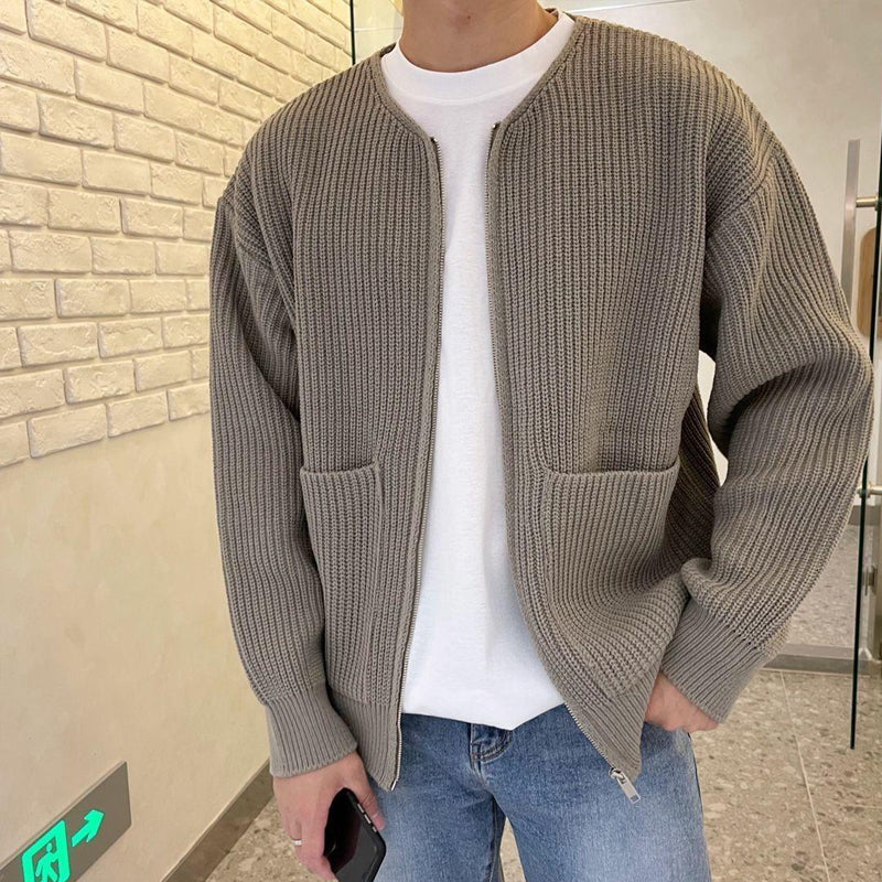 Men's - Minimalist Zip-Up Cardigan - Ribbed Knit Style