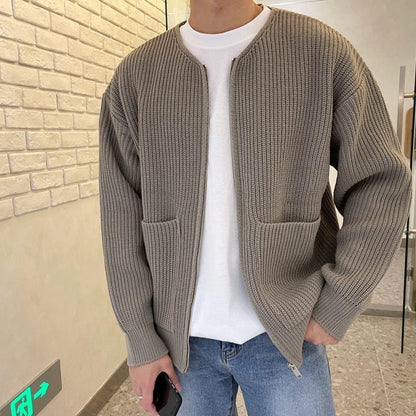 Men's - Minimalist Zip-Up Cardigan - Ribbed Knit Style
