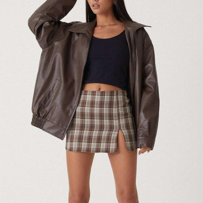 Women's - Relaxed Leather Jacket - Zip-Up High Collar Fit